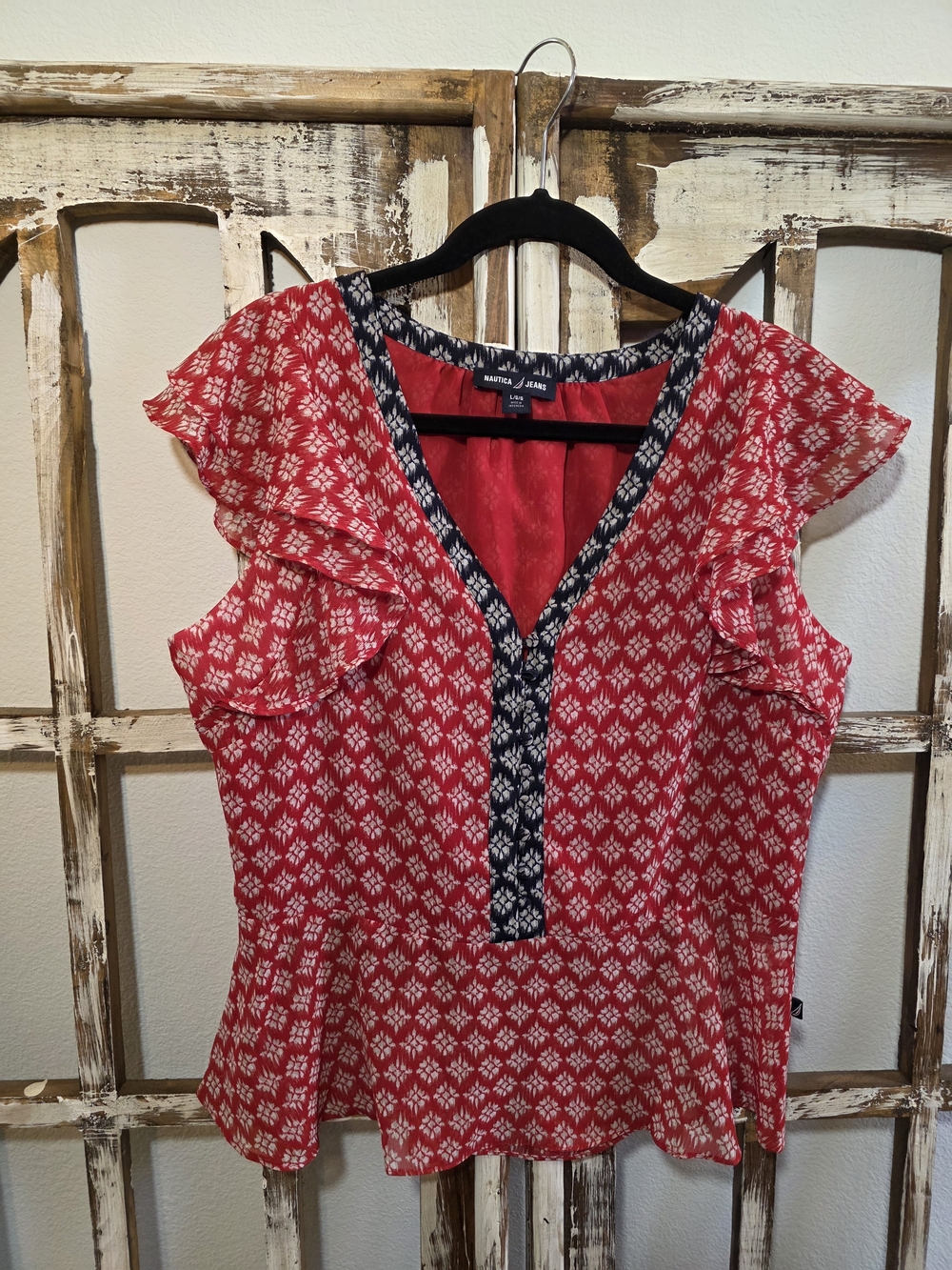 Nautica Jeans Red Floral Ruffle Sleeve Blouse L